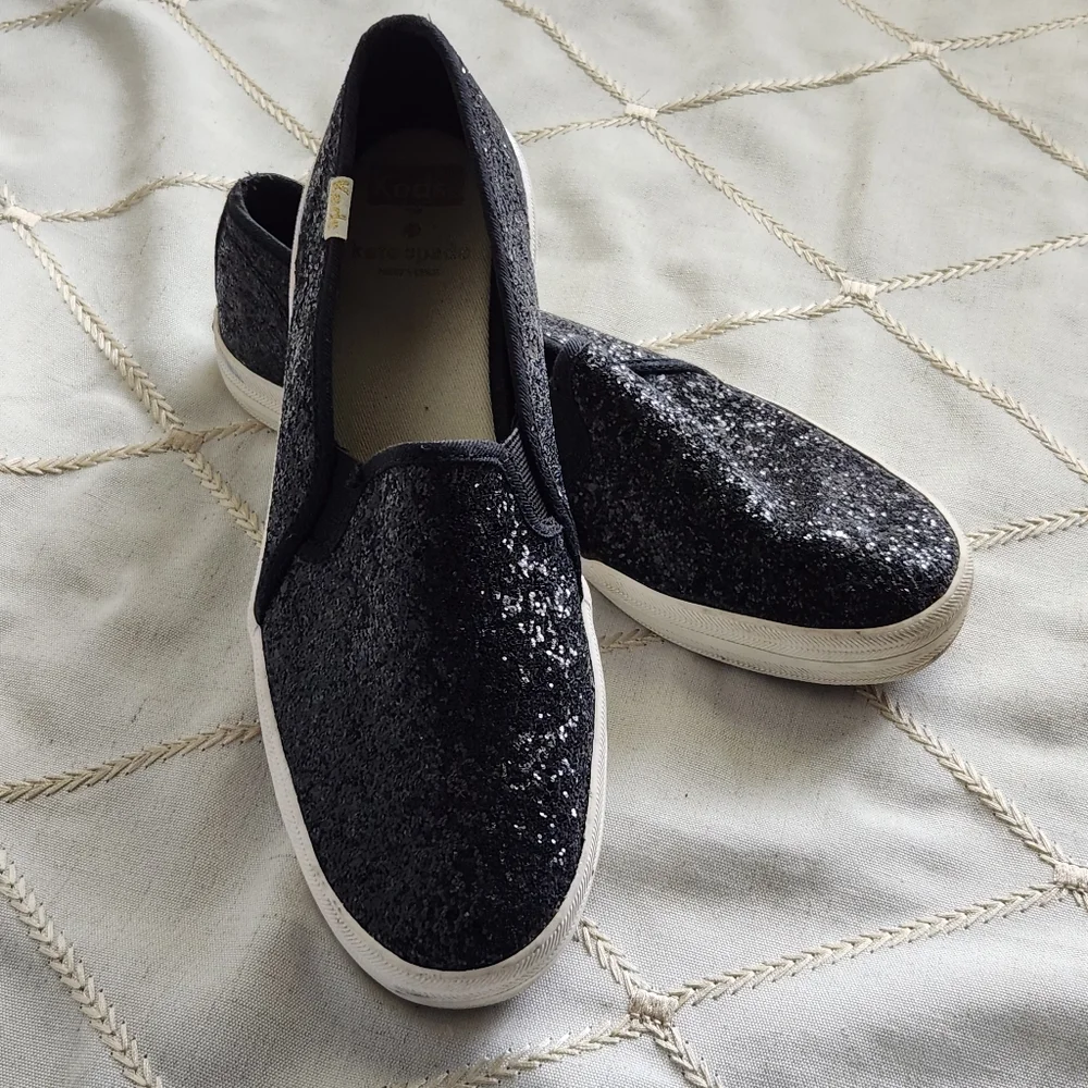 Keds x Kate Spade Black Glitter Slip-On Sneakers‎ 7.5 | Sparkle Champion Gold